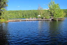 Lake House Secluded Lakeside Split-log Cottage With Fireplace, Rowboat, Beach looking East., on Lake Horace in New Hampshire - Lakehouse Vacation Rental - Lake Home for rent on LakeHouseVacations.com
