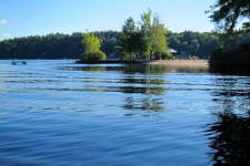Lake House Secluded, Lakeside, Split-log Cottage With Fireplace, Rowboat, Beach looking West., on Lake Horace in New Hampshire - Lakehouse Vacation Rental - Lake Home for rent on LakeHouseVacations.com