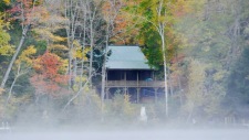 Lakehouse Vacation Rental - Lake Homes for rent on LakeHouseVacations.com, Lake property, Lake House Lake House Log House Maine Lake Shore Boats Fishing Swim Spa, Water view, early morning mist rising., on Sand Pond in Maine - Lakehouse Vacation Rental - Lake Home for rent on LakeHouseVacations.com